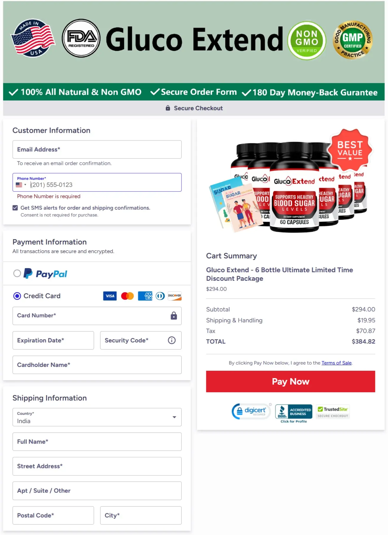 Gluco Extend checkout page